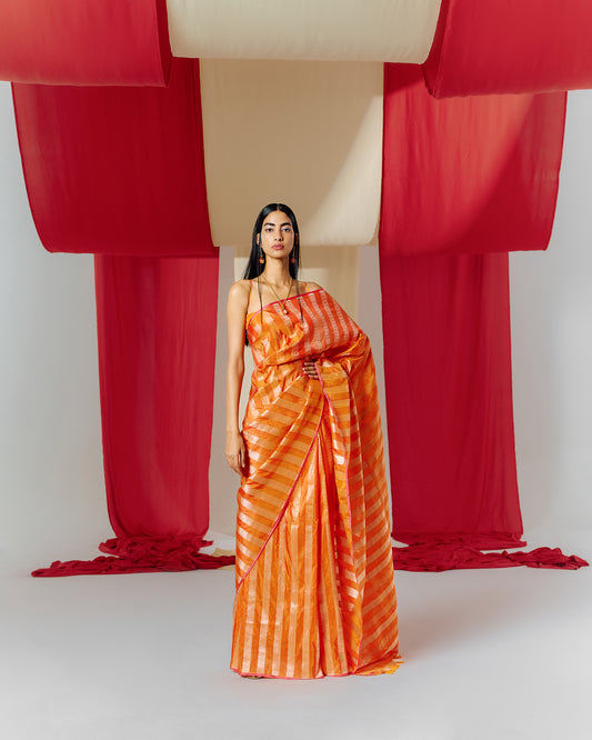 Handwoven Orange Striped Silk Saree