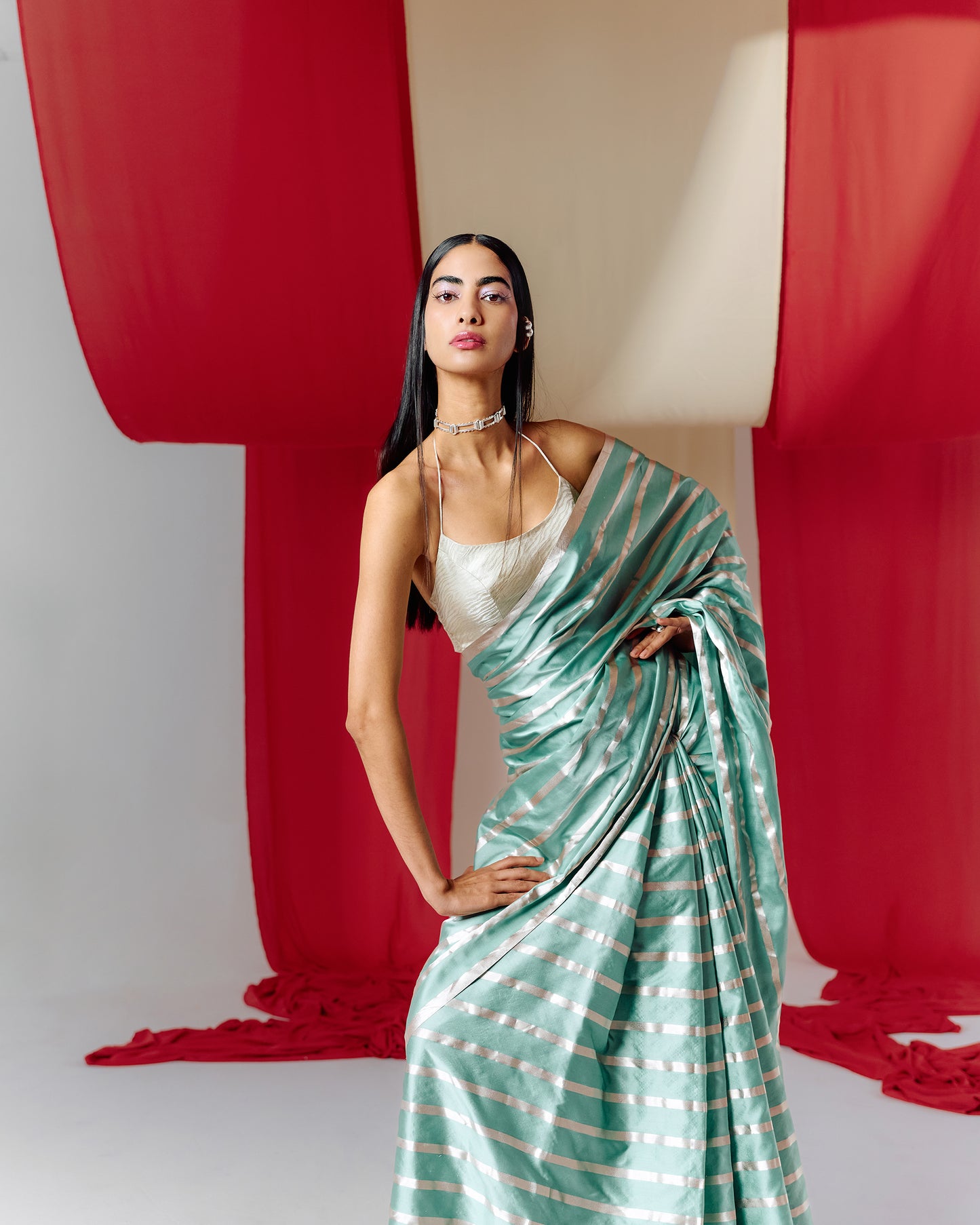 Handwoven Green Striped Satin Silk Saree