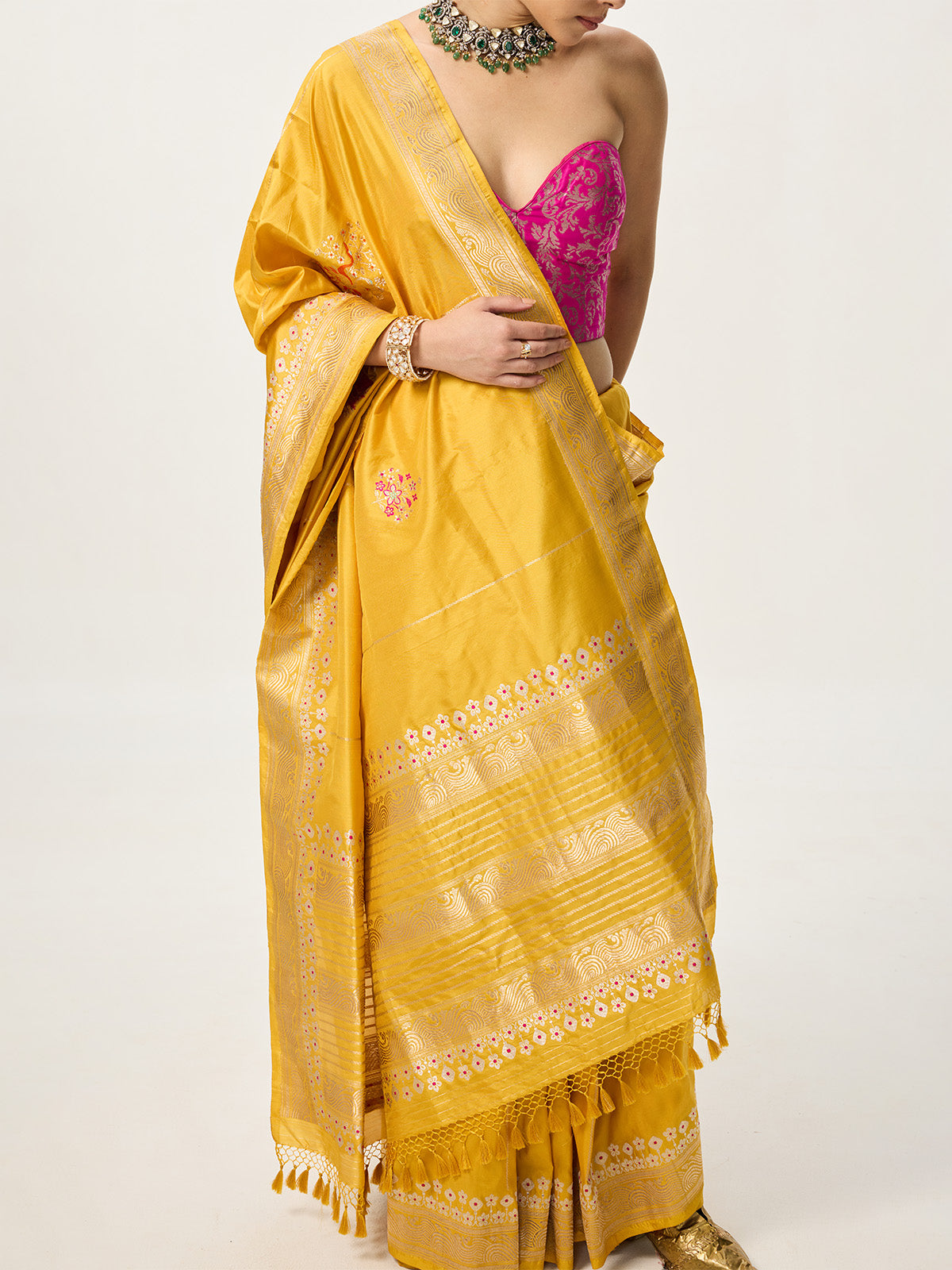 Handwoven Mustard Yellow Kadhwa Banarasi Saree