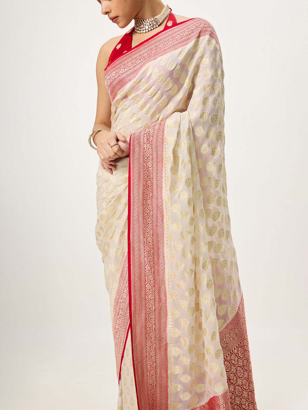 Handwoven Off-White & Red Cutwork Banarasi Saree