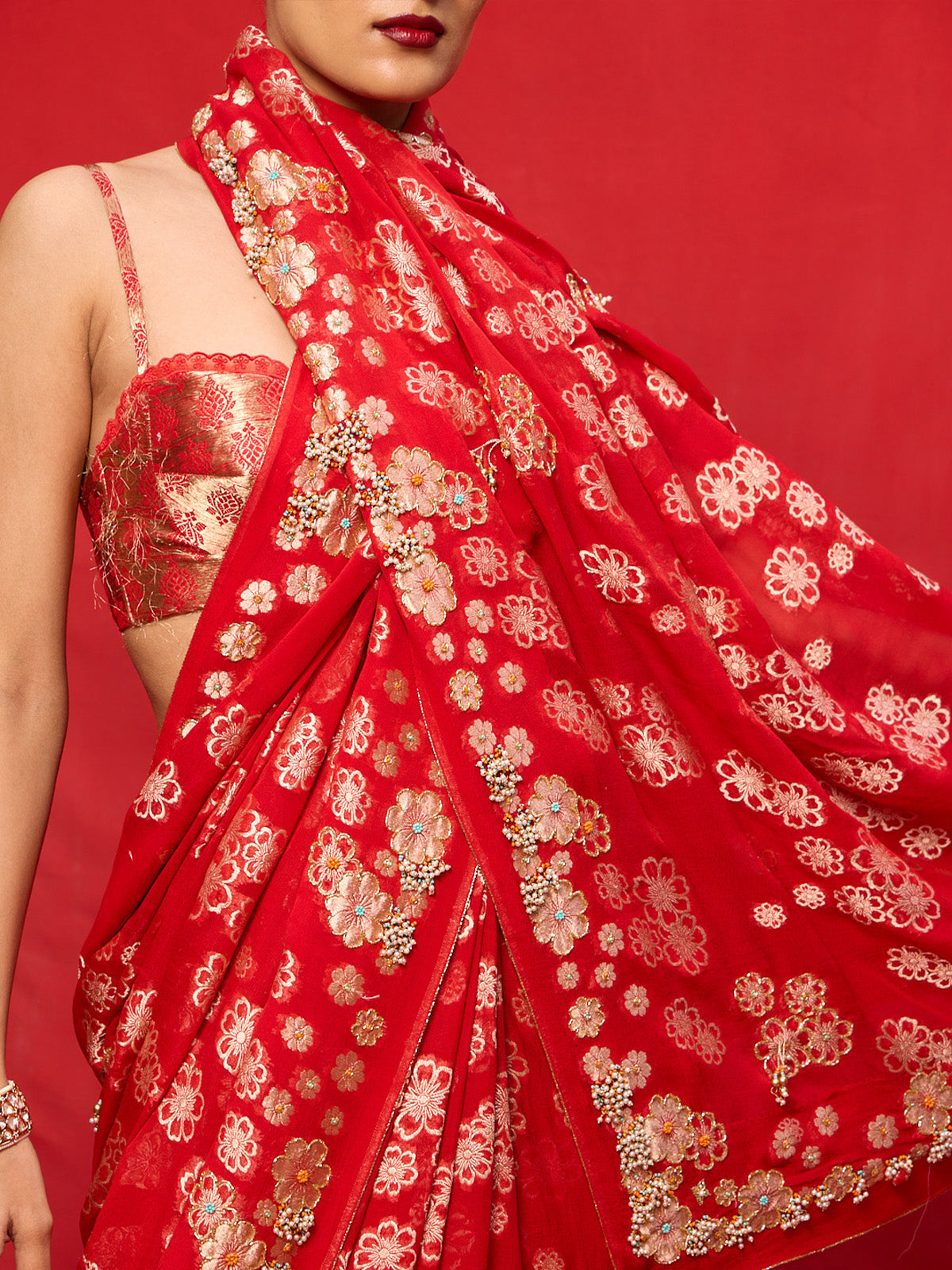 Handwoven Red Chiffon Banarasi Saree