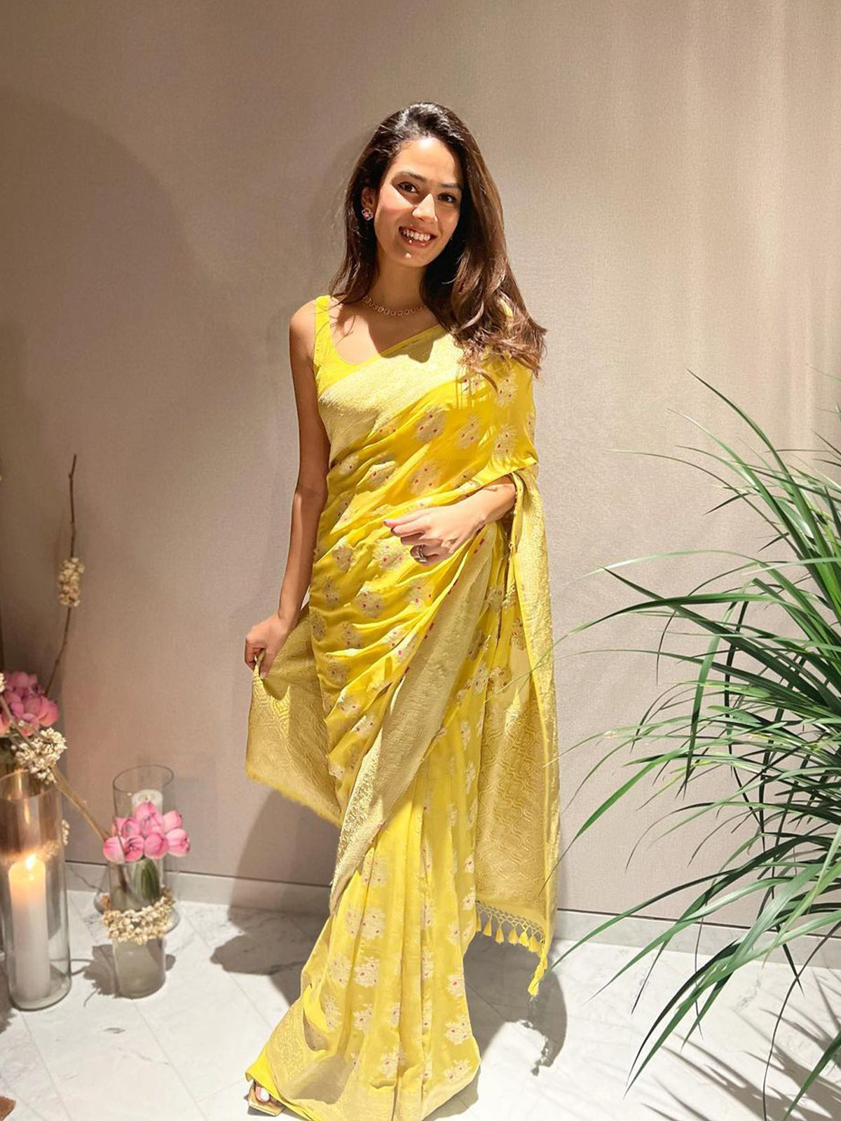 Mira Rajput Kapoor In Handwoven Yellow Georgette Saree
