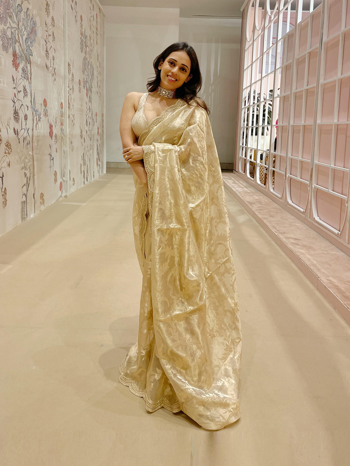 Handwoven Beige Tissue Saree