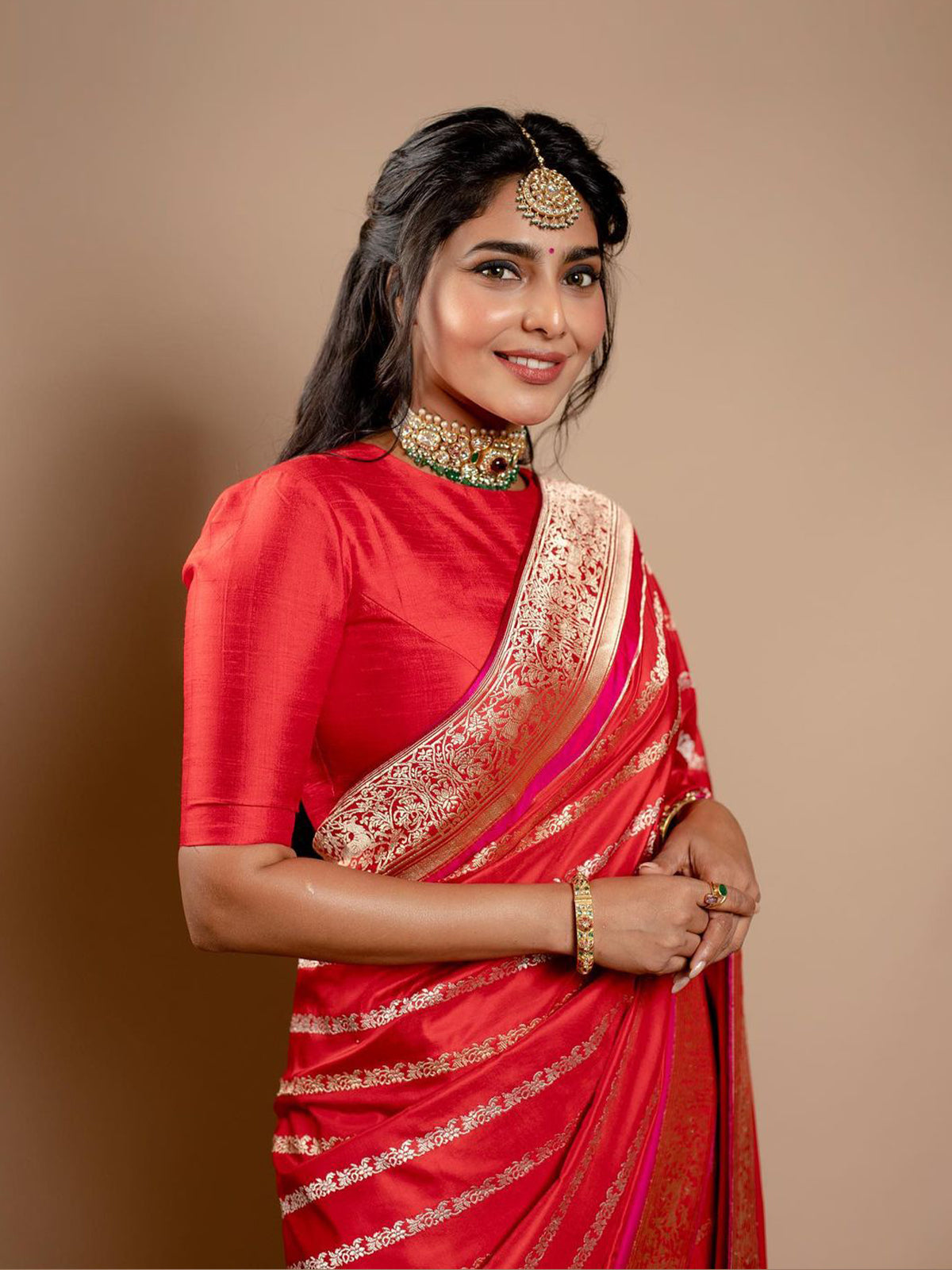 Aishwarya Lekshmi in Handwoven Red Silk Saree