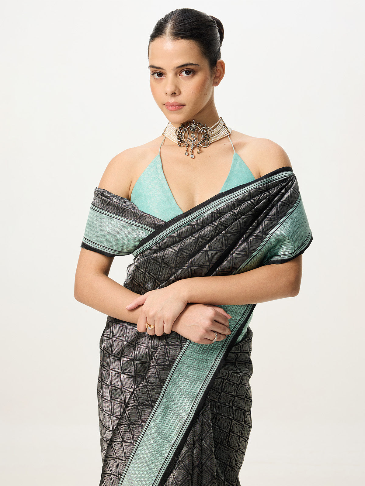 Handwoven Black & Blue Banarasi Emboss Saree