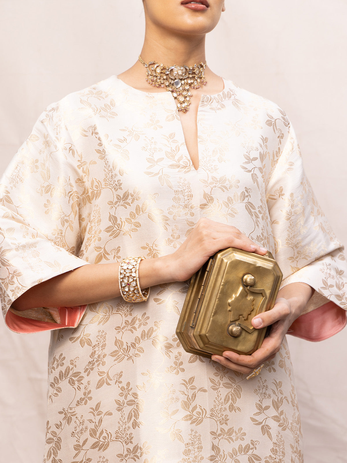 Handwoven Ecru Silk Banarasi Kurta Set