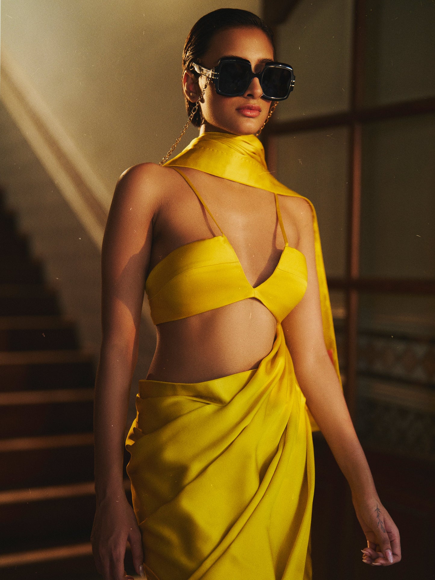 Sonali Bendre in Handwoven Citrine Yellow Silk Saree