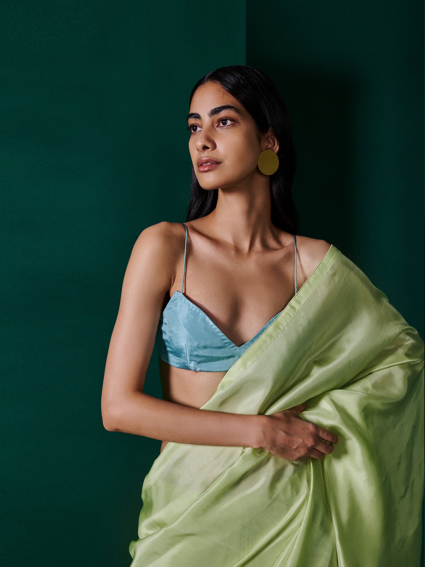 Esha Gupta in Handwoven Sage Green Silk Saree