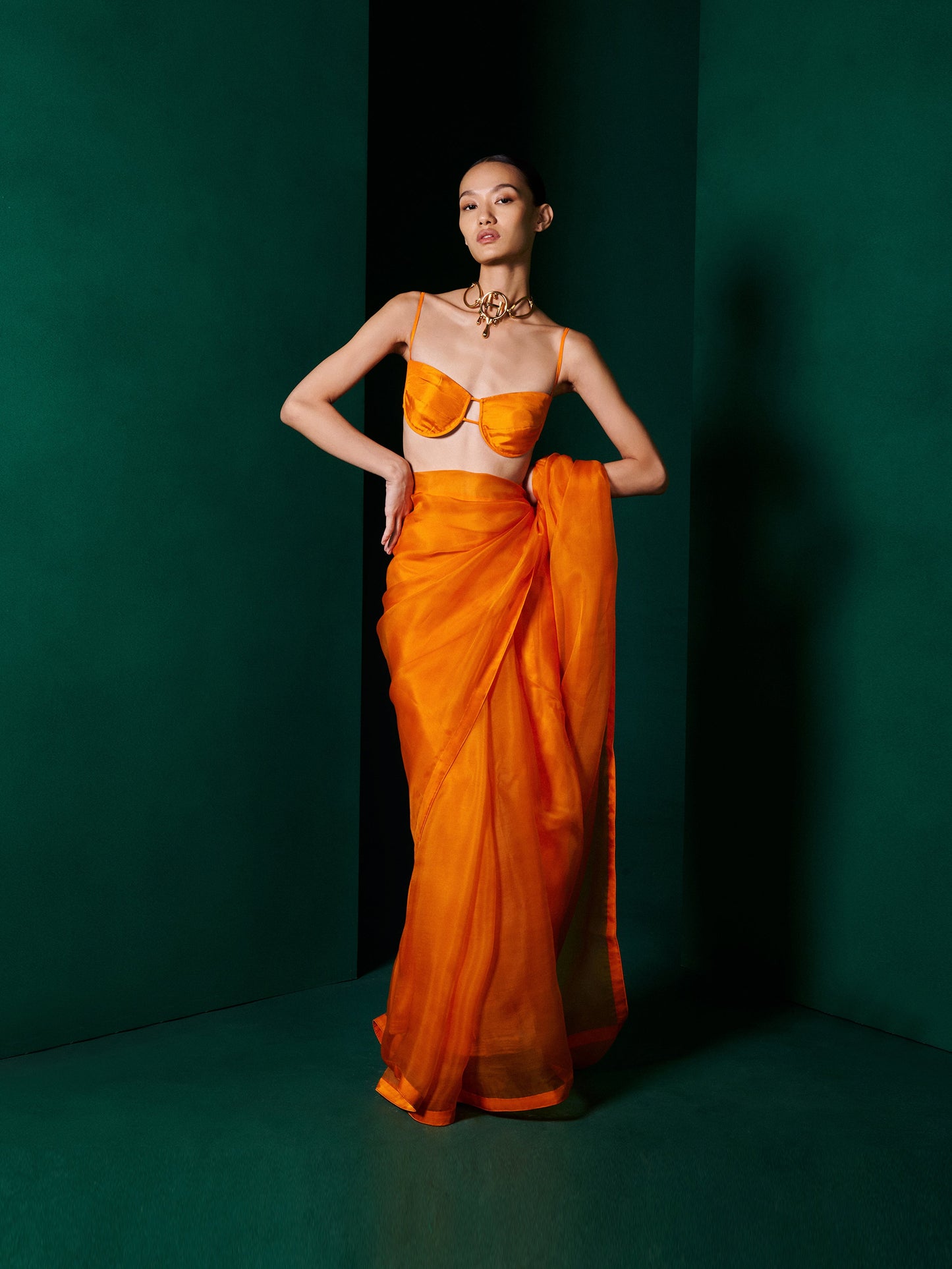 Handwoven Tangerine Orange Organza Saree
