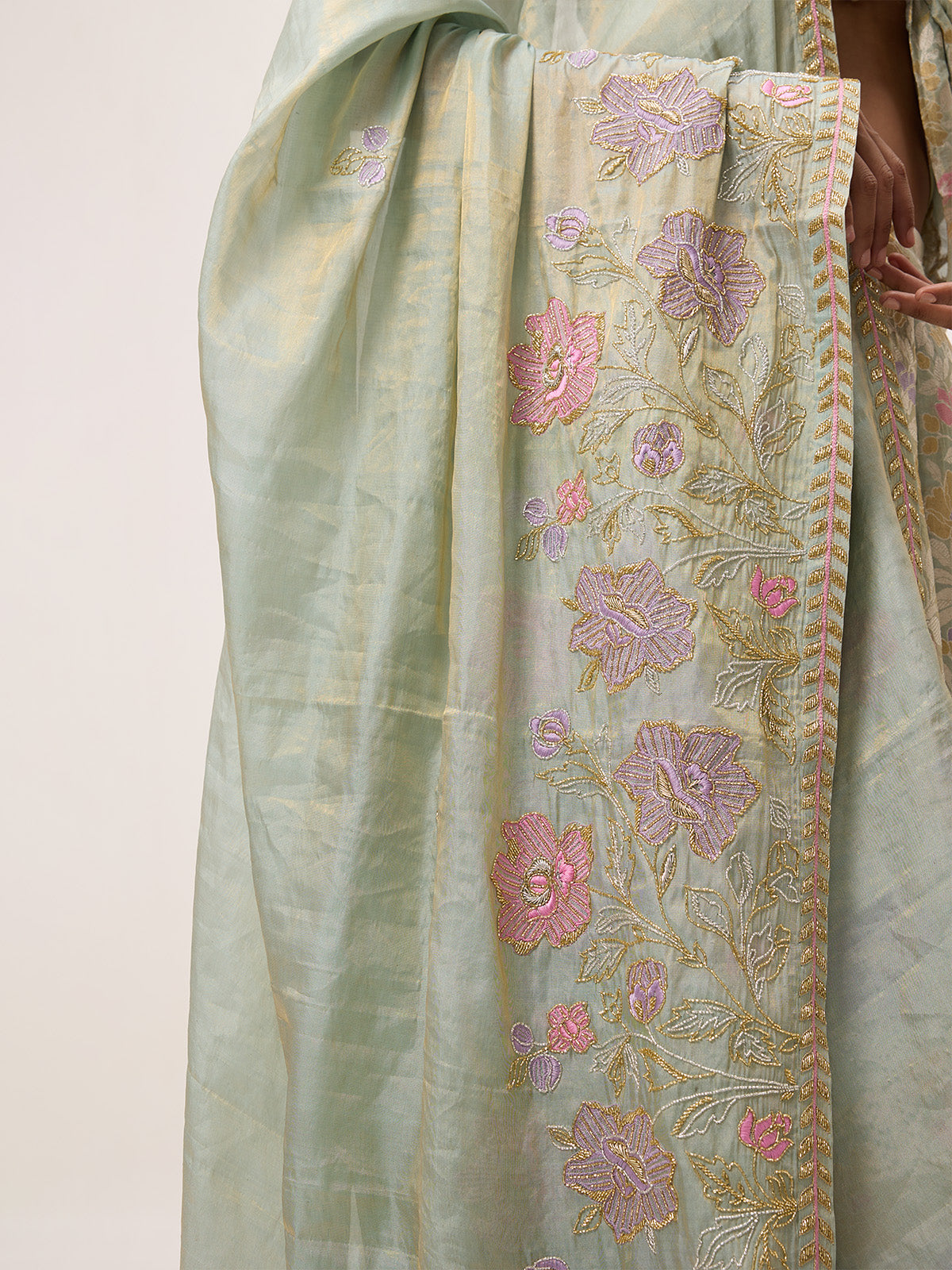 Handwoven Turquoise Tissue Lehenga Set