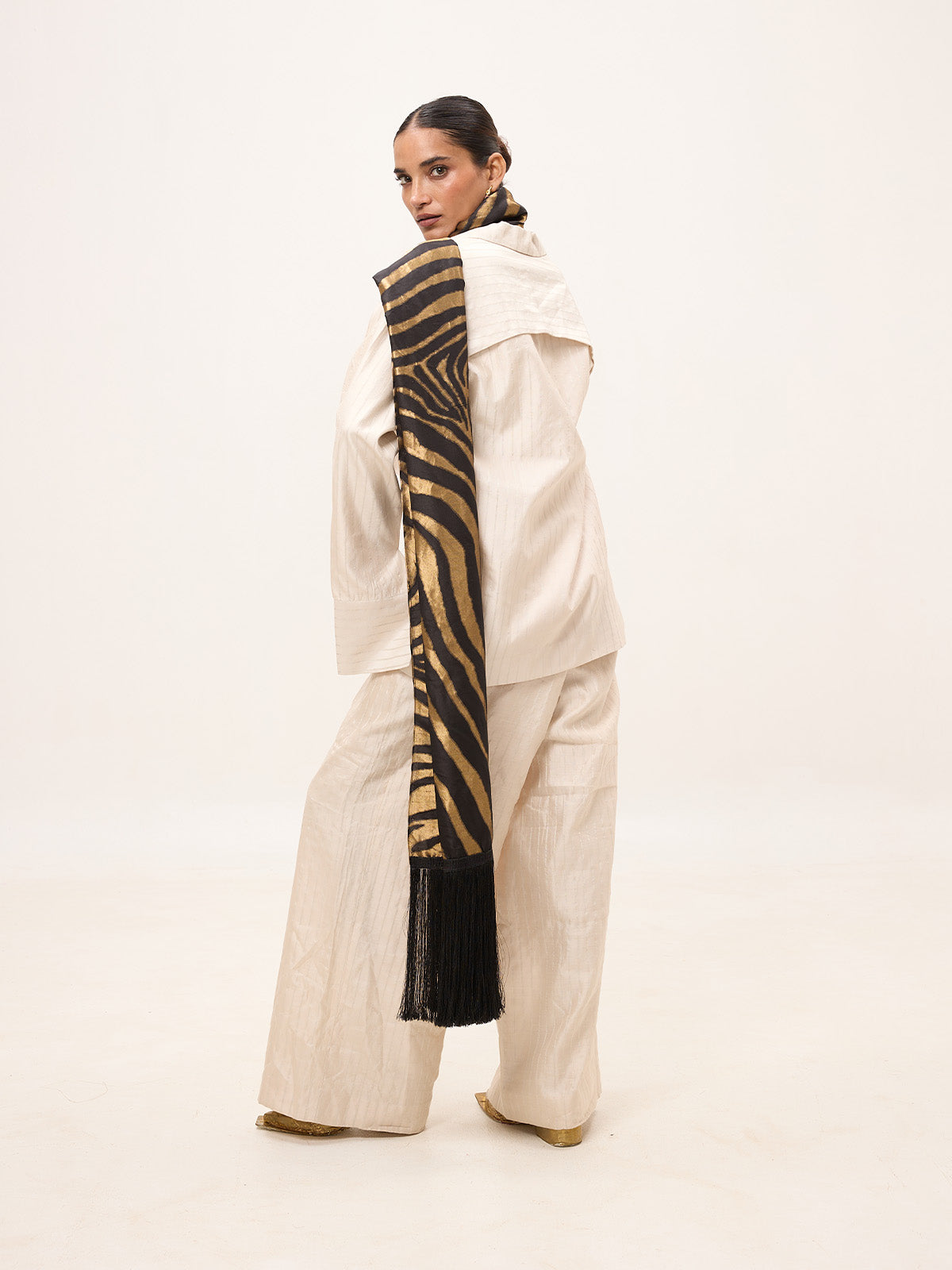 Handwoven Champagne & Black Silk Scarf