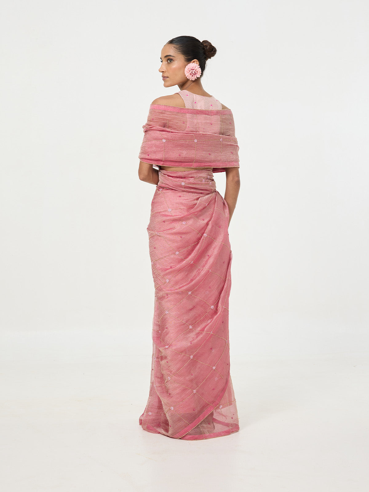 Handwoven Pink Embroidered Tissue Saree