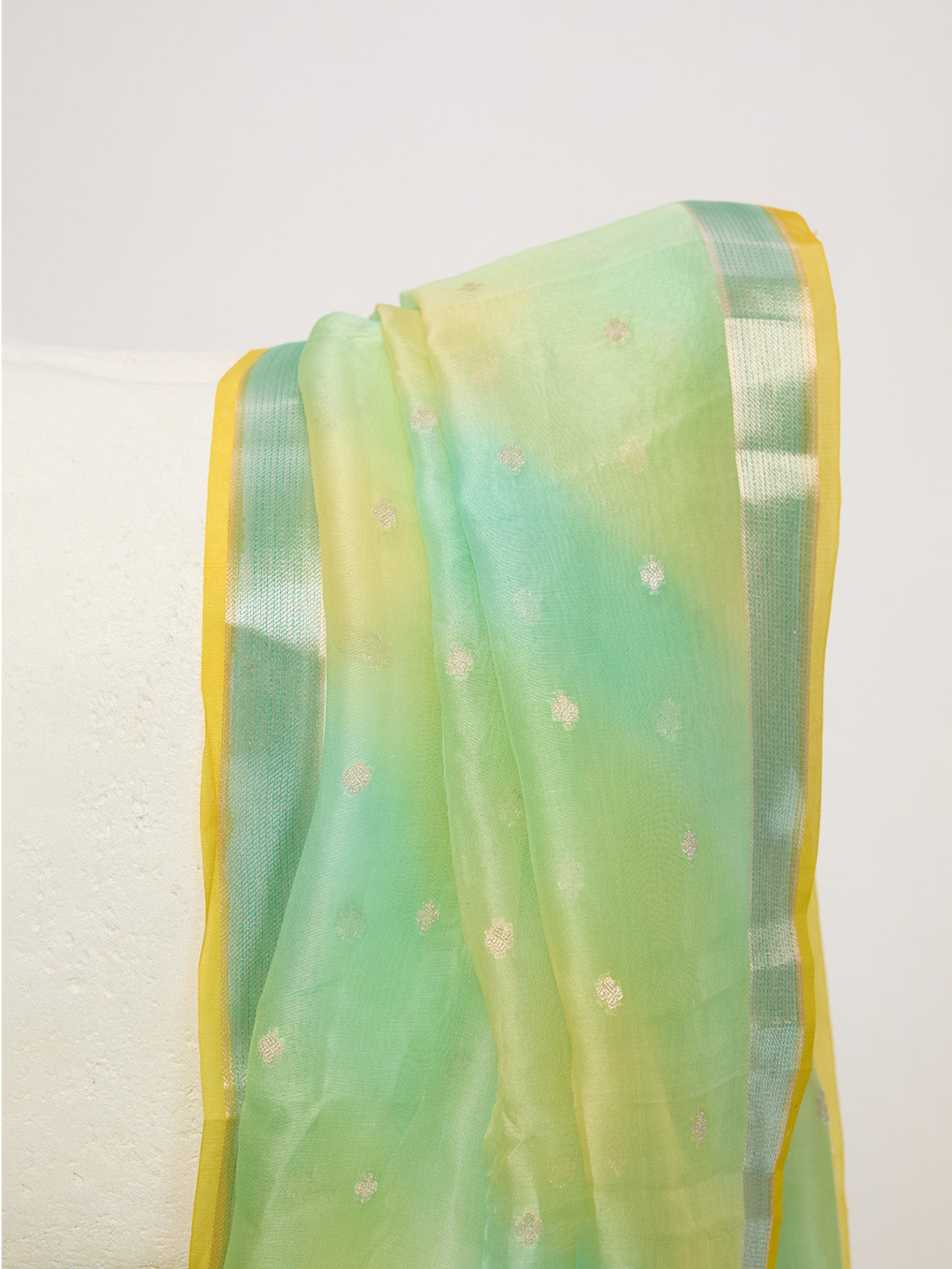 Handwoven Pistachio Green & Yellow Ombré Cutwork Dupatta
