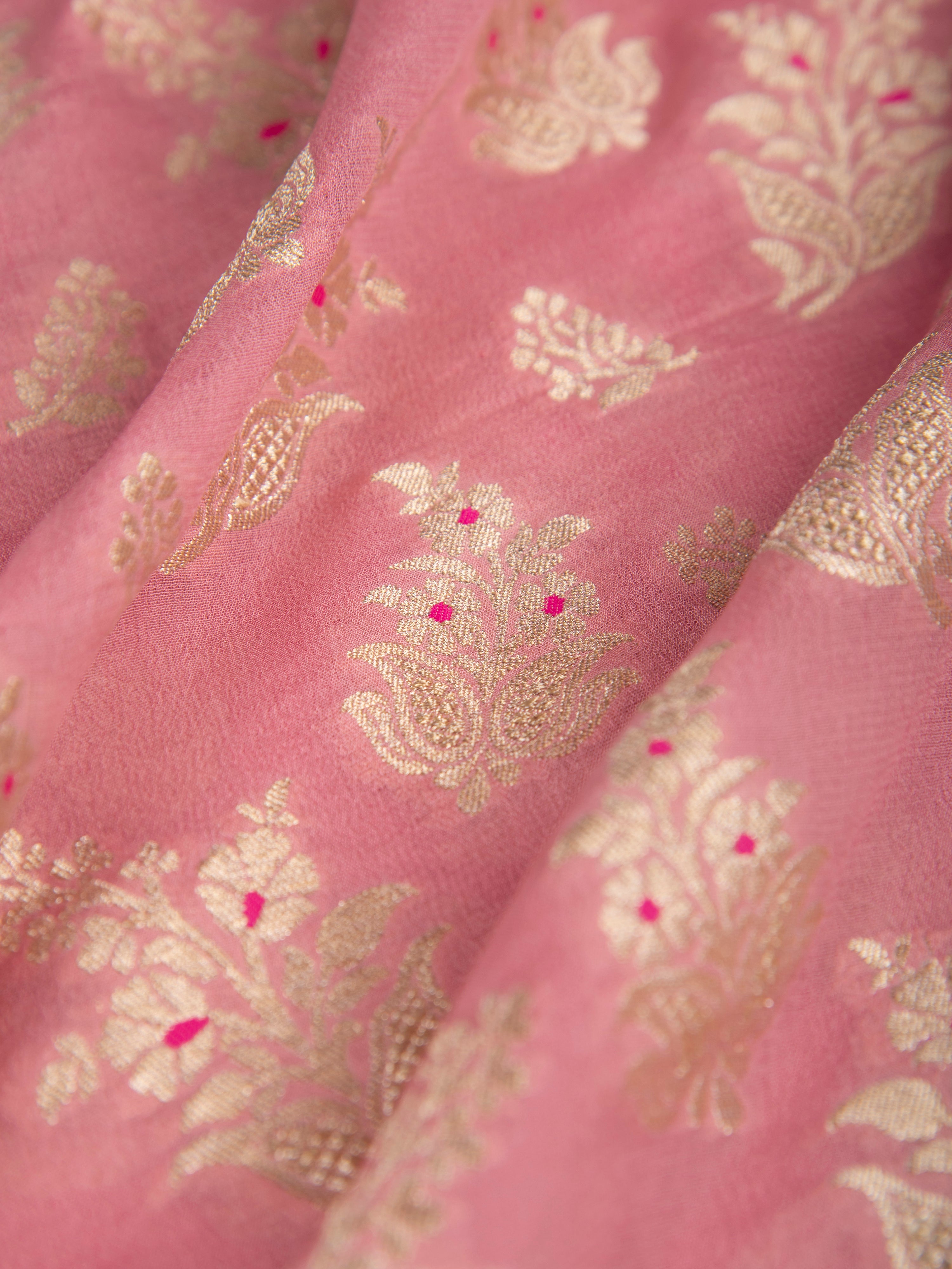 Pink Zari edge Peacock Motif Embroidered Georgette Fabric Pre Cut 5 Meters FAB215