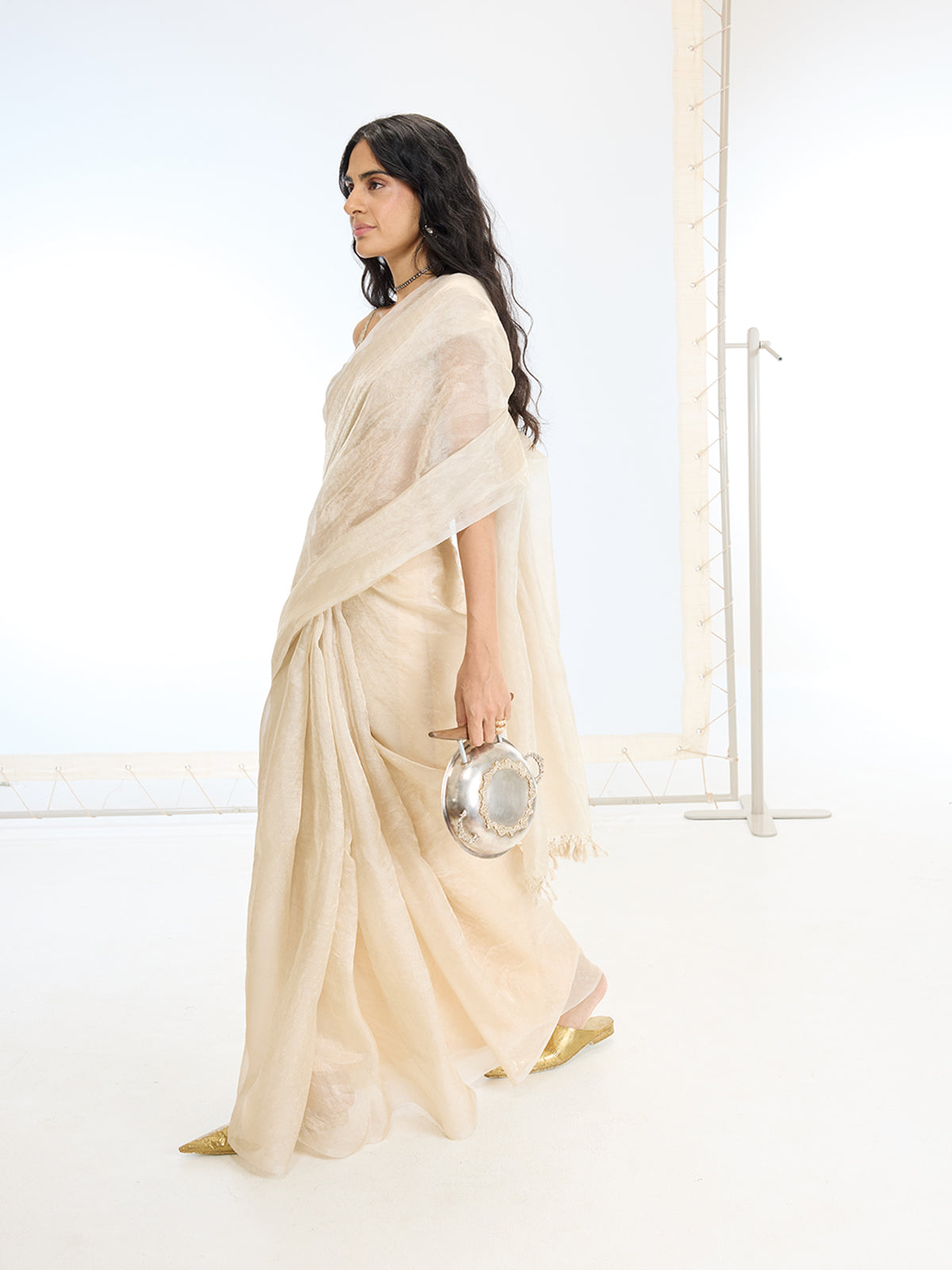 Handwoven Beige Tissue Saree