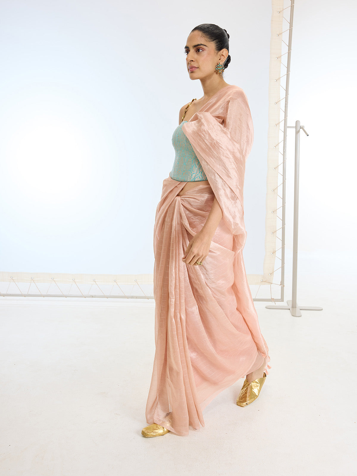 Handwoven Peach Tissue Saree