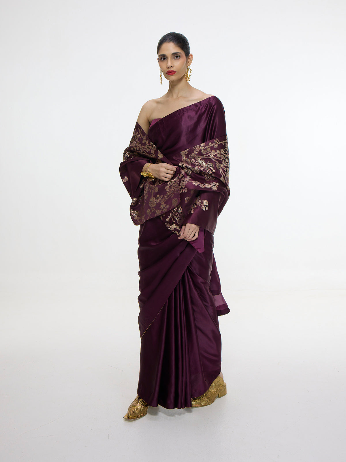 Handwoven Maroon Saree With Embroidered Panel