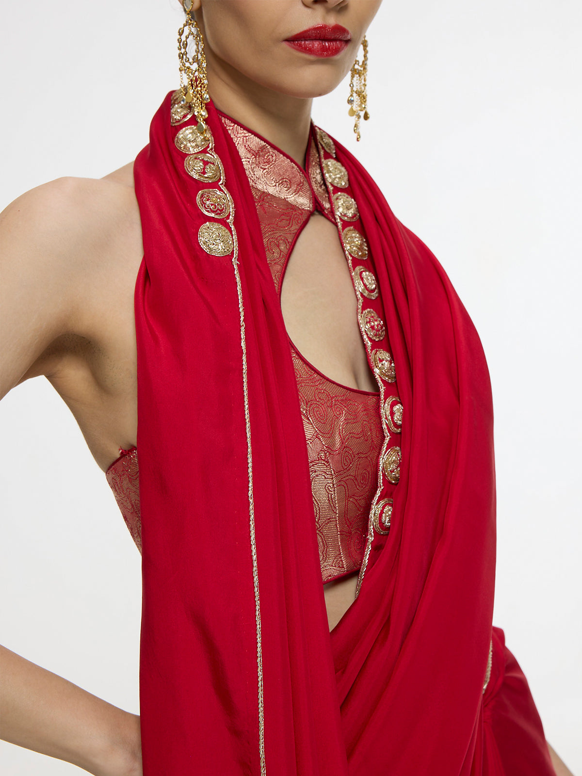 Handwoven Embroidered Vermillion Saree With Gold Button Detailing