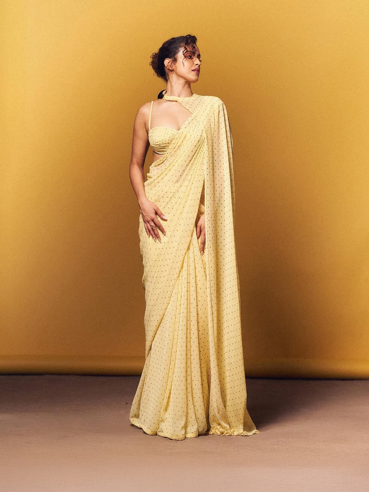 Butter Yellow Polka Dotted Saree