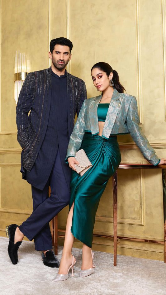 Janhvi Kapoor in Emerald Cropped Blazer With Skirt