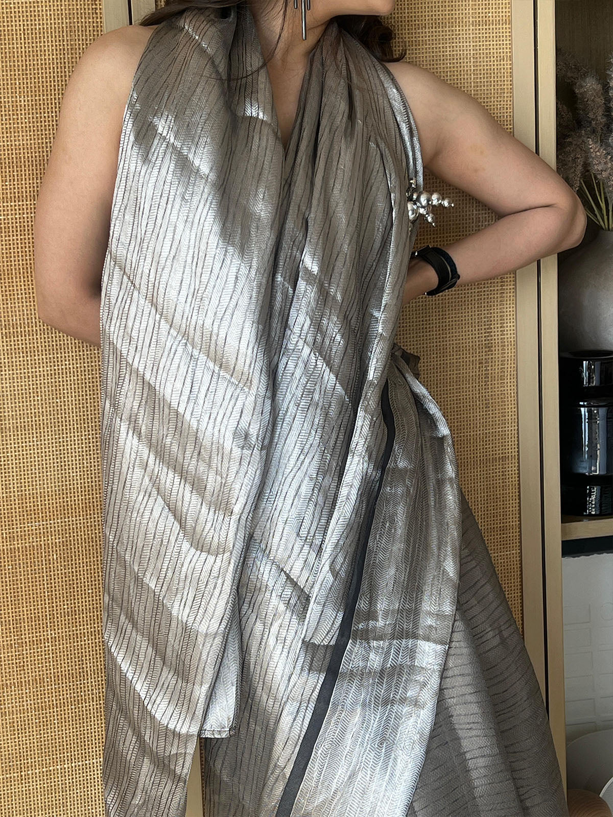 Handwoven Grey Tissue Saree