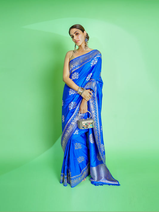 Rhea Chakraborty in Handwoven Blue Silk Saree