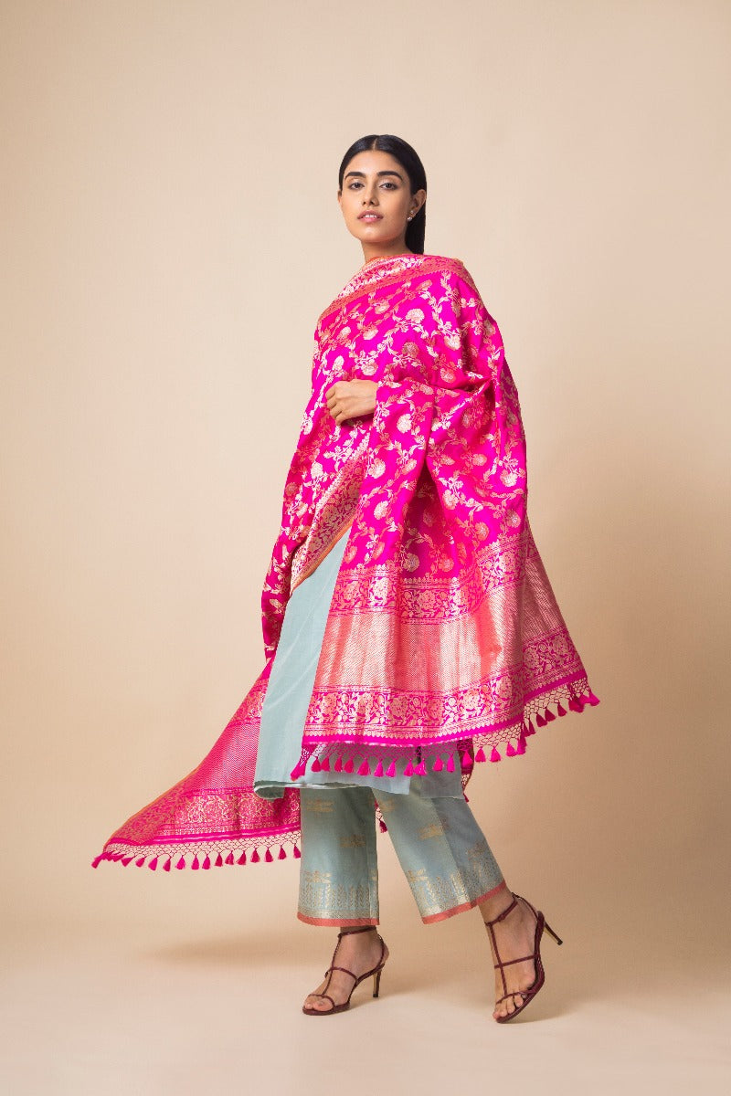 Handwoven Pink Banarasi Silk Dupatta