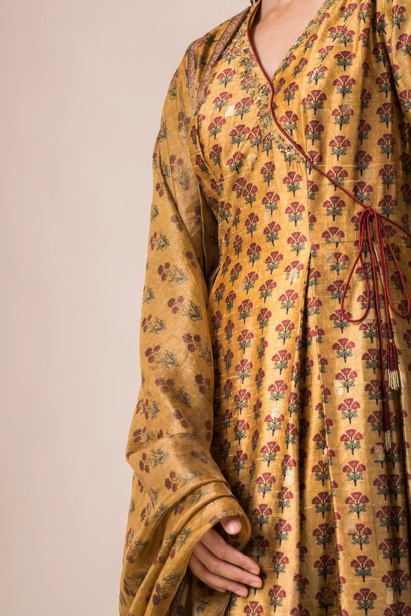 Handwoven Mustard Digital Printed Dupion Silk Angrakha Kurta With Printed Tissue Dupatta