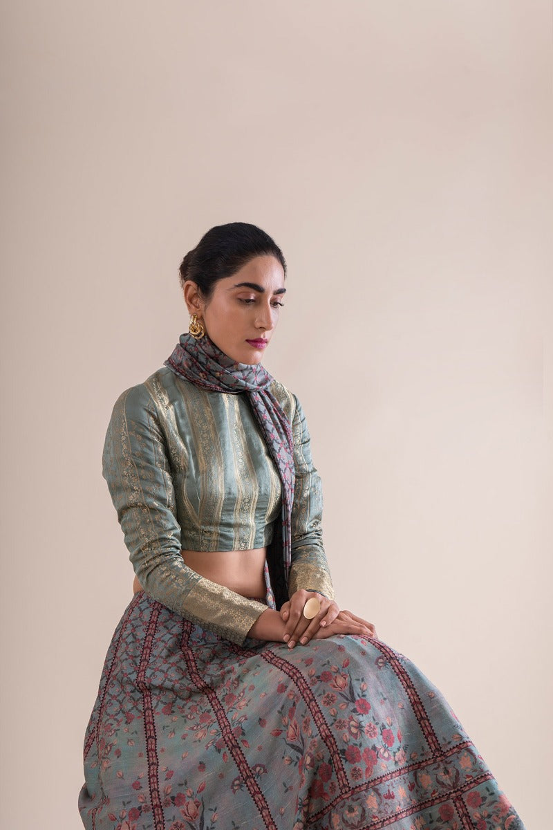 Handwoven Mint Digital Printed Lehenga