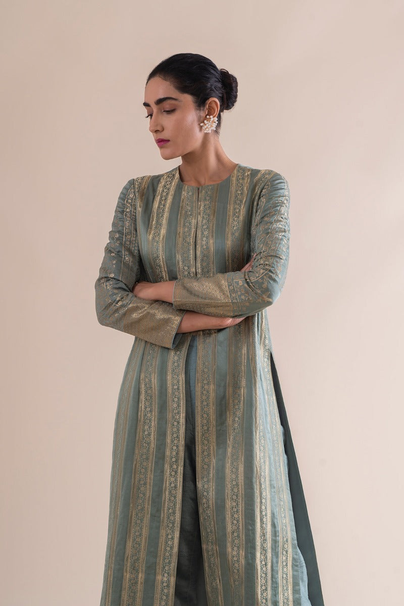 Handwoven Mint Silk Kurta and Pants