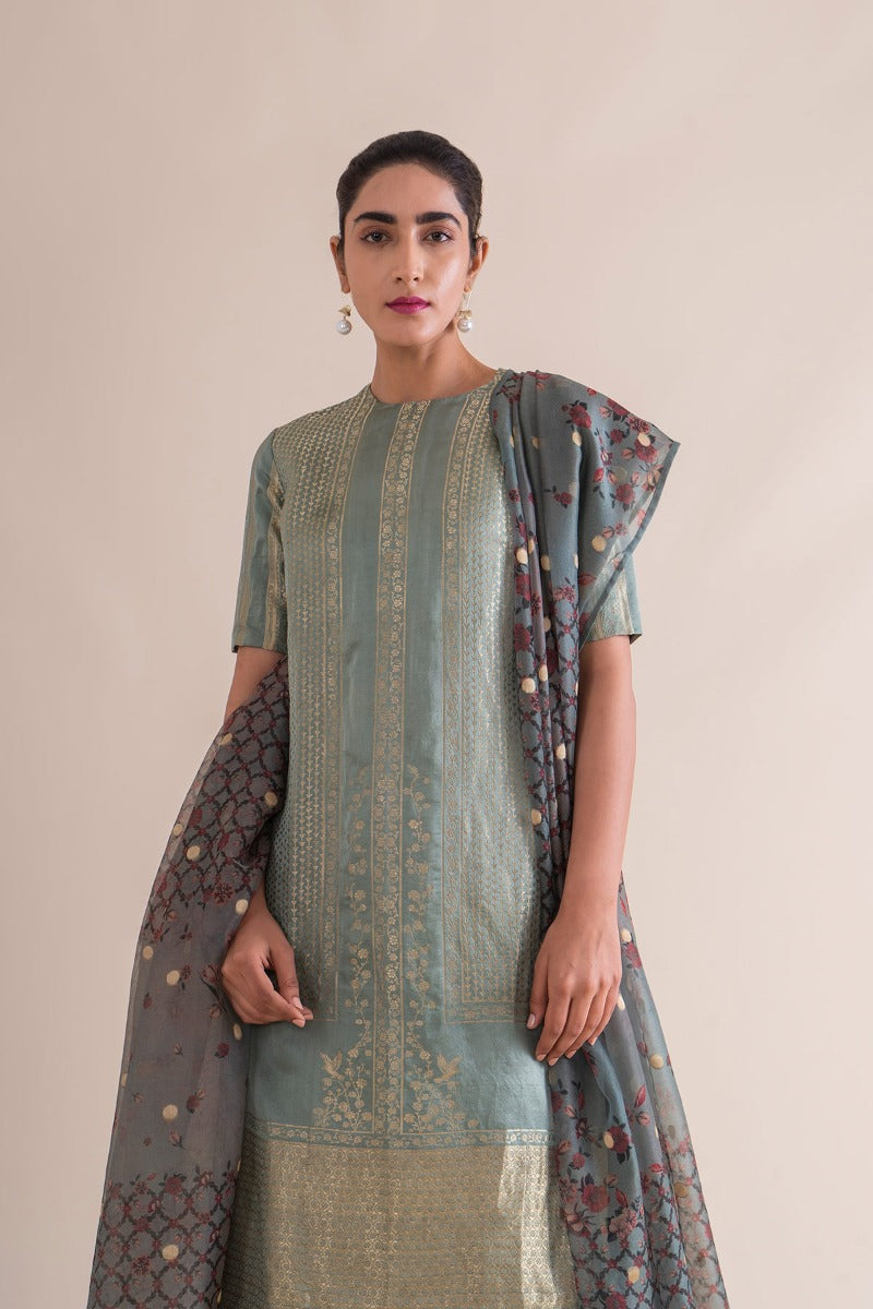 Handwoven Mint Silk Kurta and palazzo