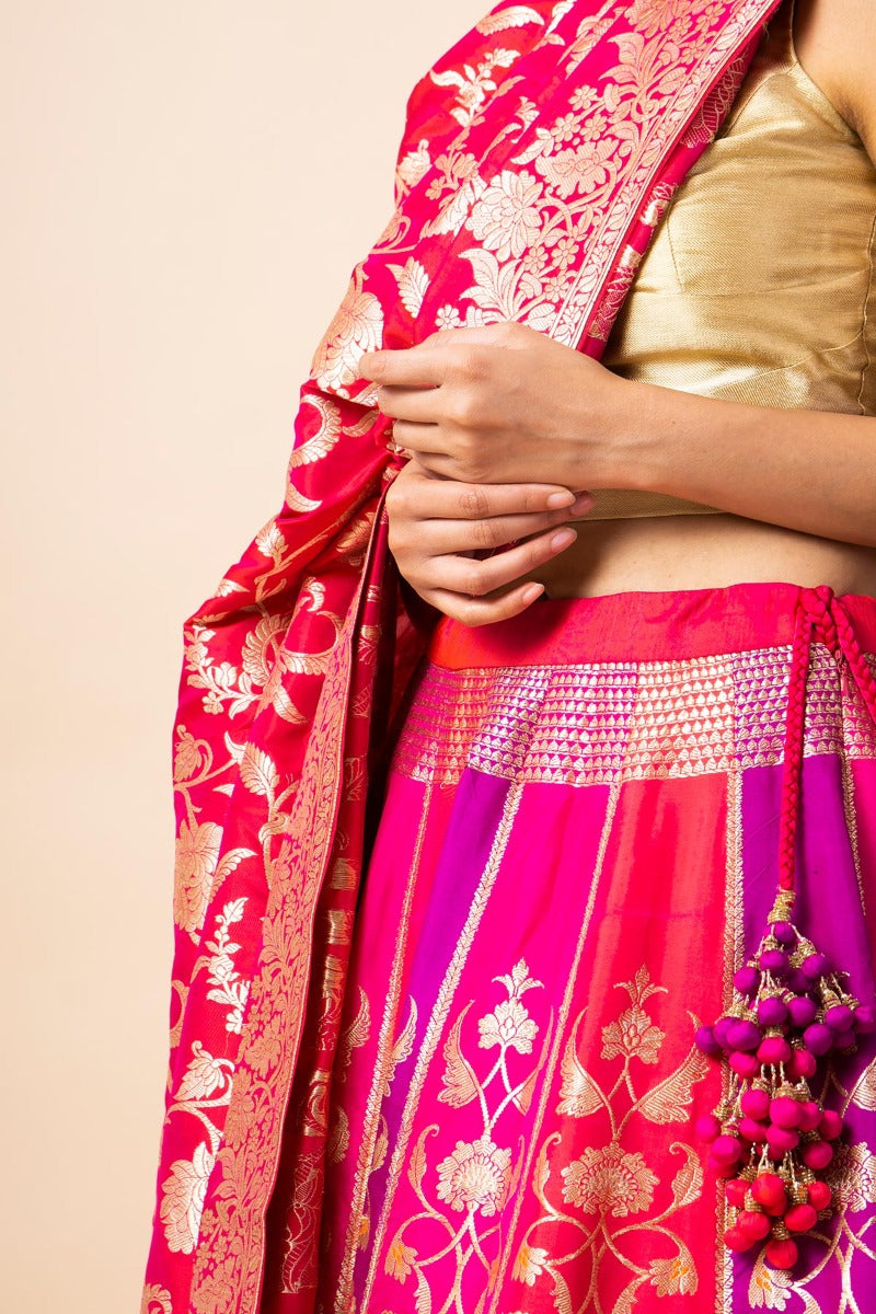 Handwoven Pink and Purple Rangkat Silk Lehenga (The Crossing 2019)