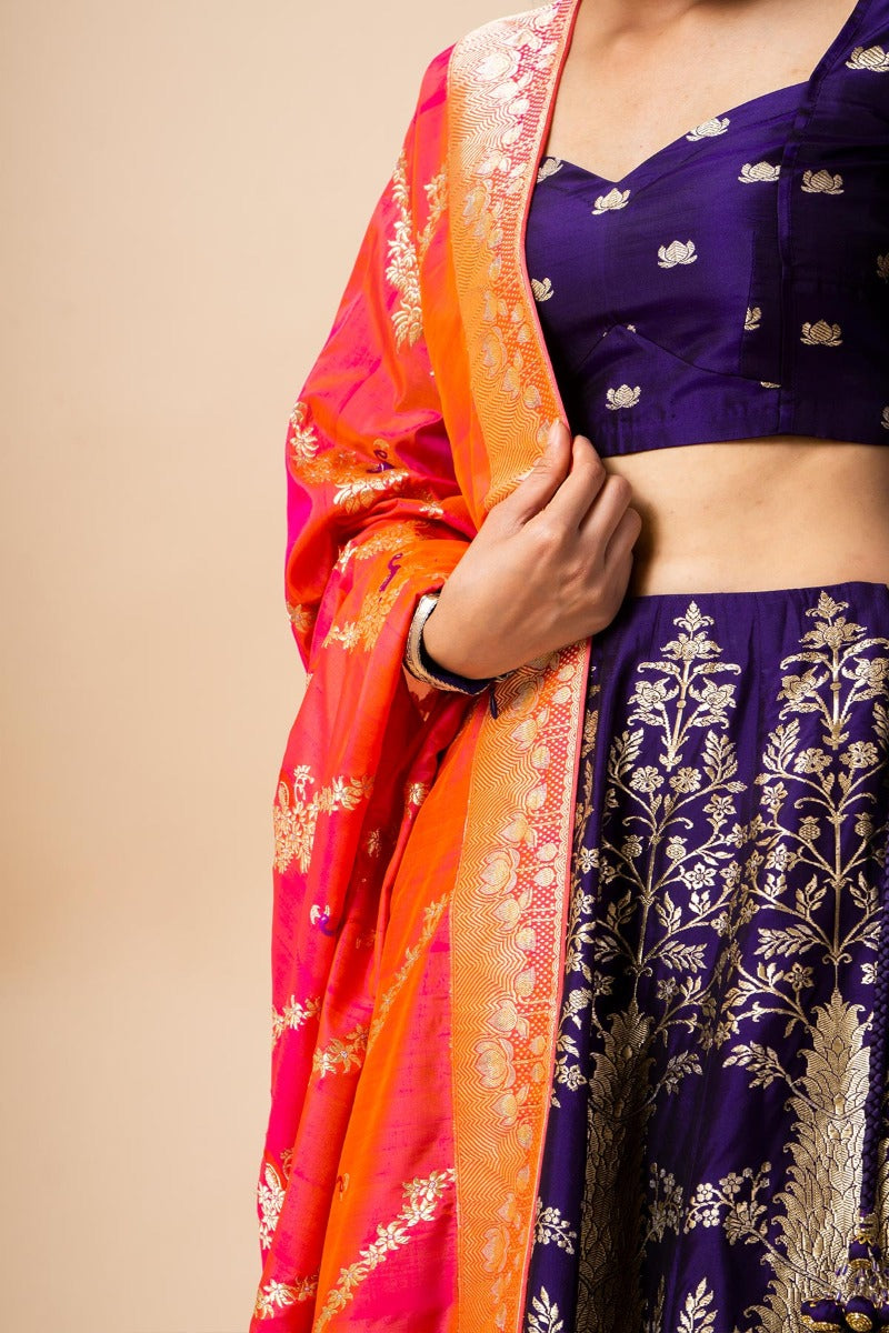 Handwoven Indigo Silk Lehenga with Lotus Flora Pattern (The Crossing 2019)