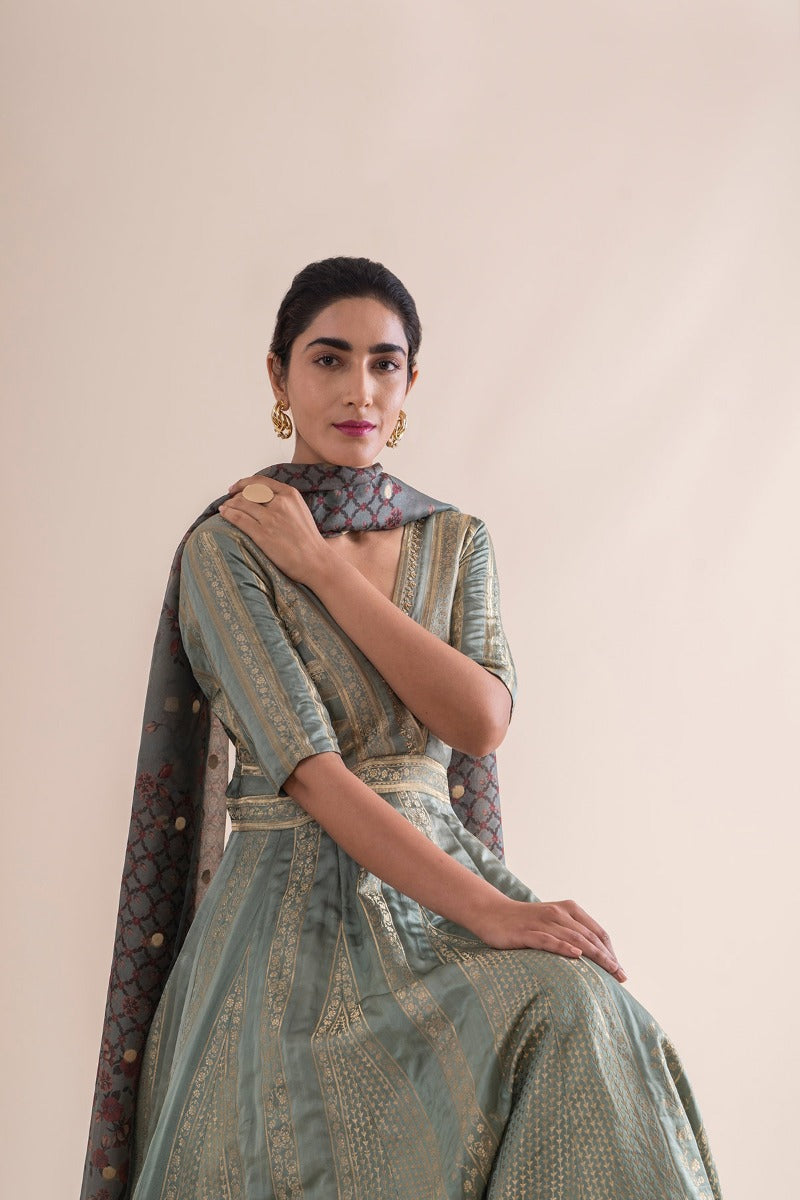 Handwoven Mint Silk Anarkali Suit and Churidar with Dupatta