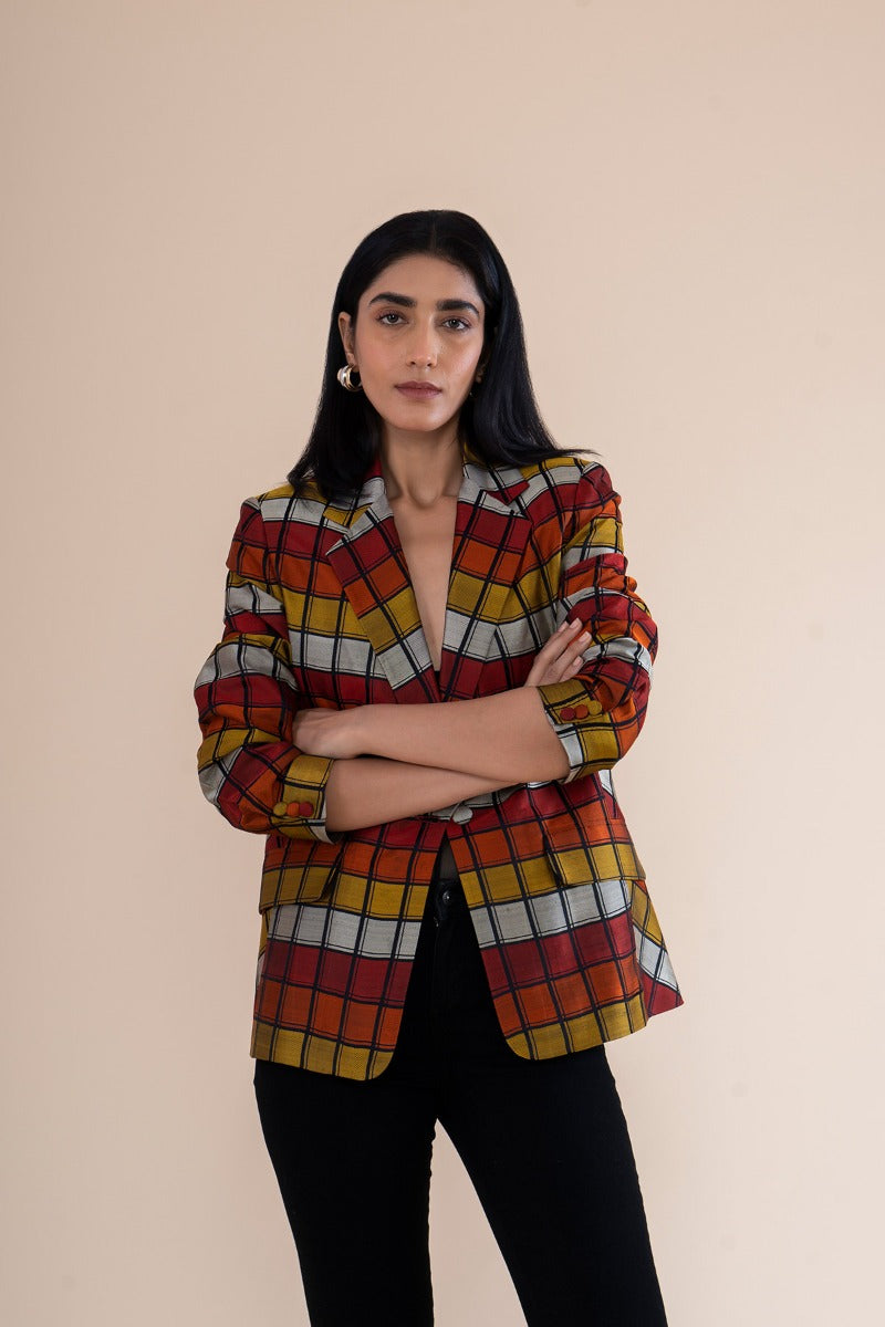 Handwoven Color Block Checkered Blazer