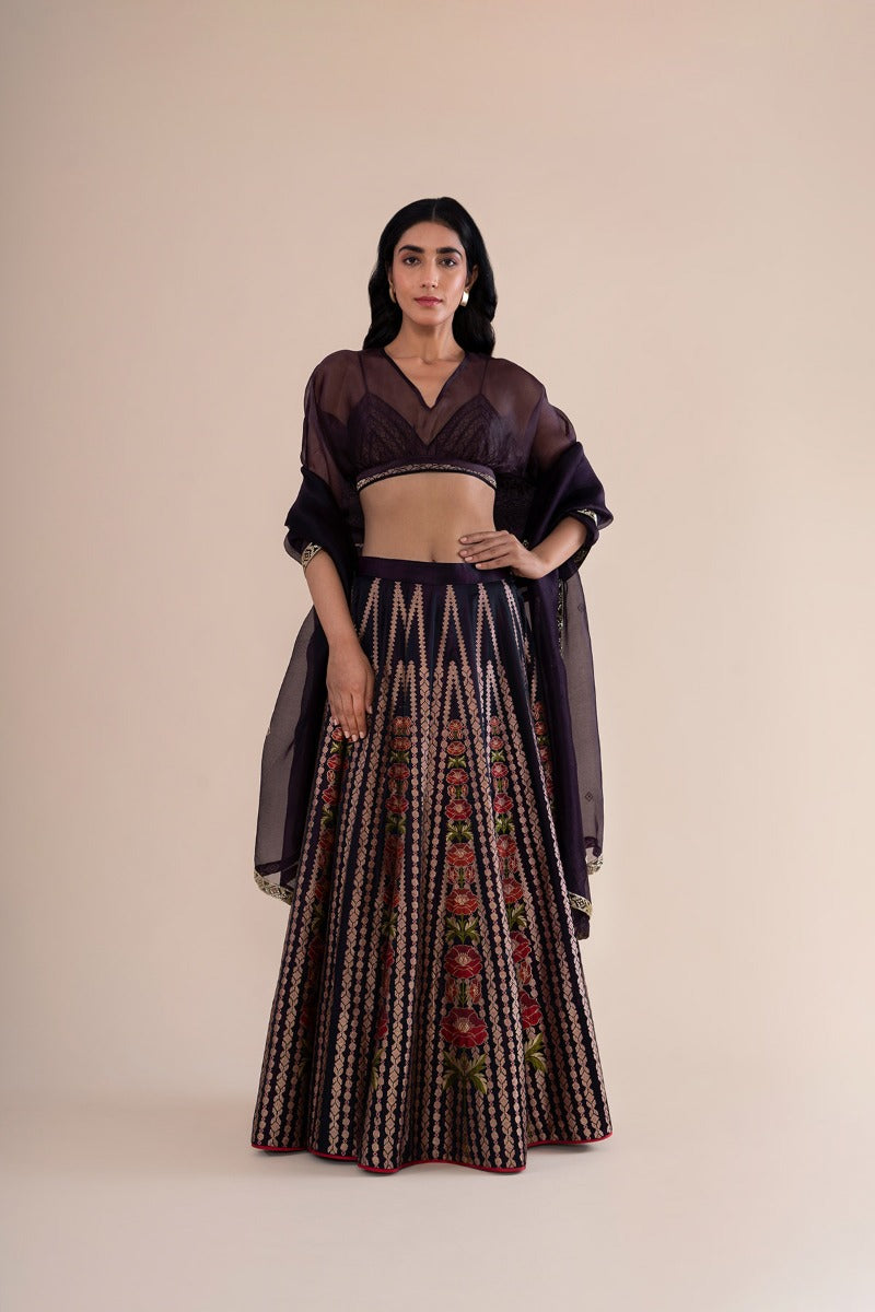 Sobhita Dhulipala in Handwoven Deep Wine Satin Silk Lehenga