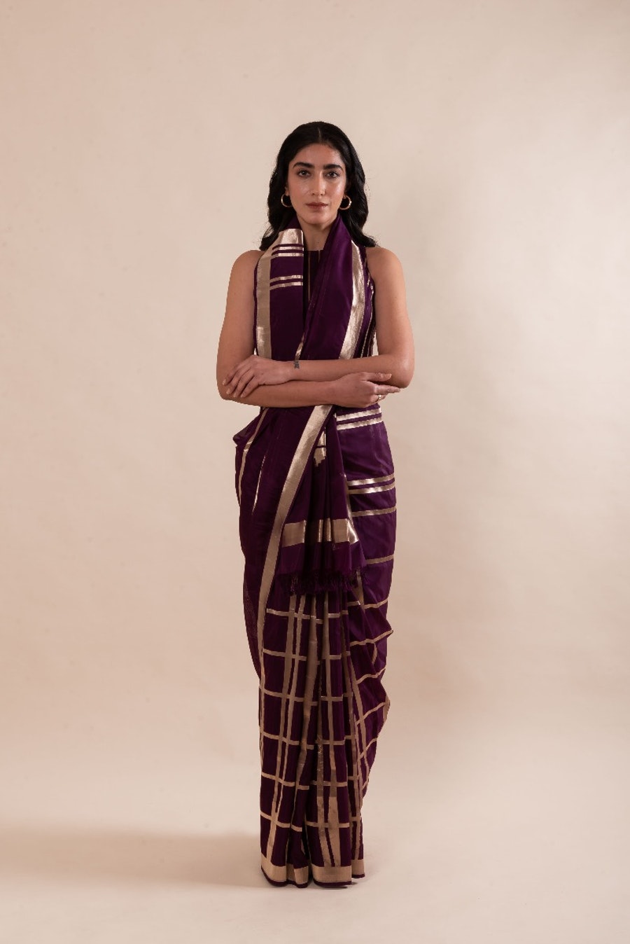 Handwoven Aubergine Silk Sari with Geometric pattern