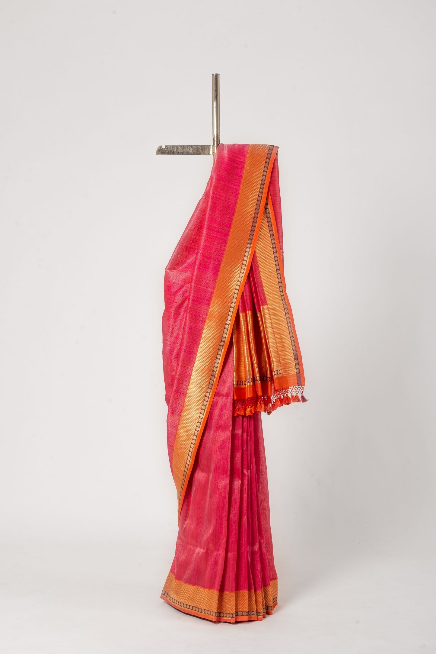 Handwoven Orangish Pink Silk Sari