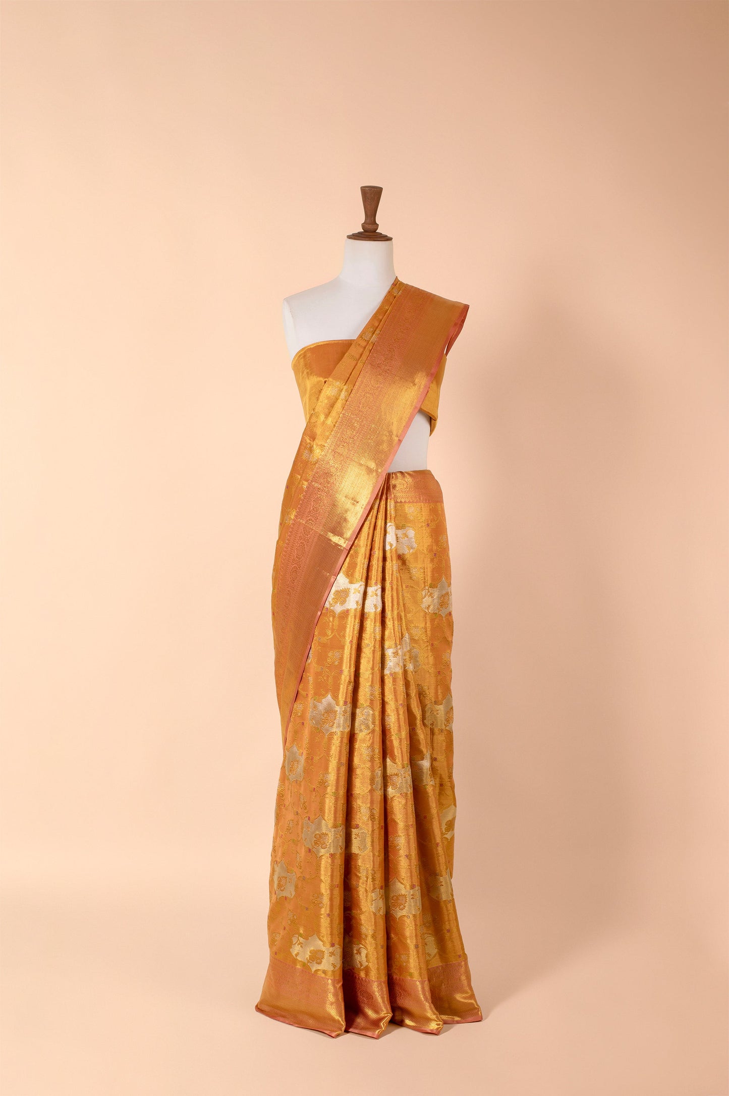 Handwoven Peach Real Zari Kanjivaram Tissue Saree
