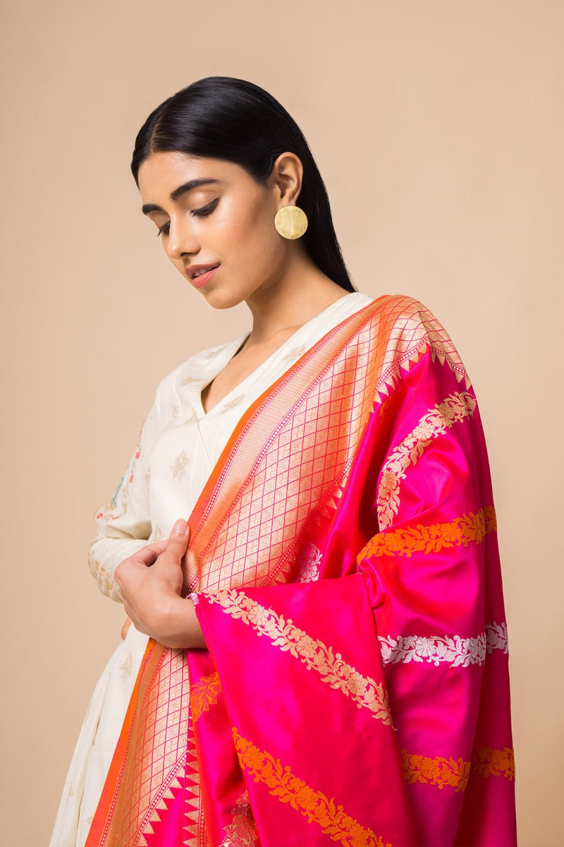 Handwoven Hot Pink Striped Banarasi Silk Dupatta