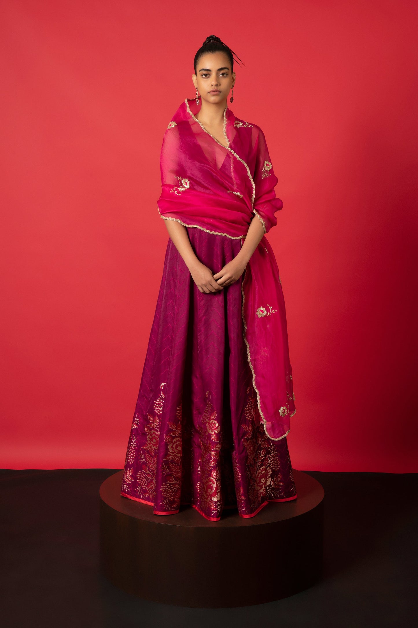 Handwoven Garnet Satin Silk Lehenga