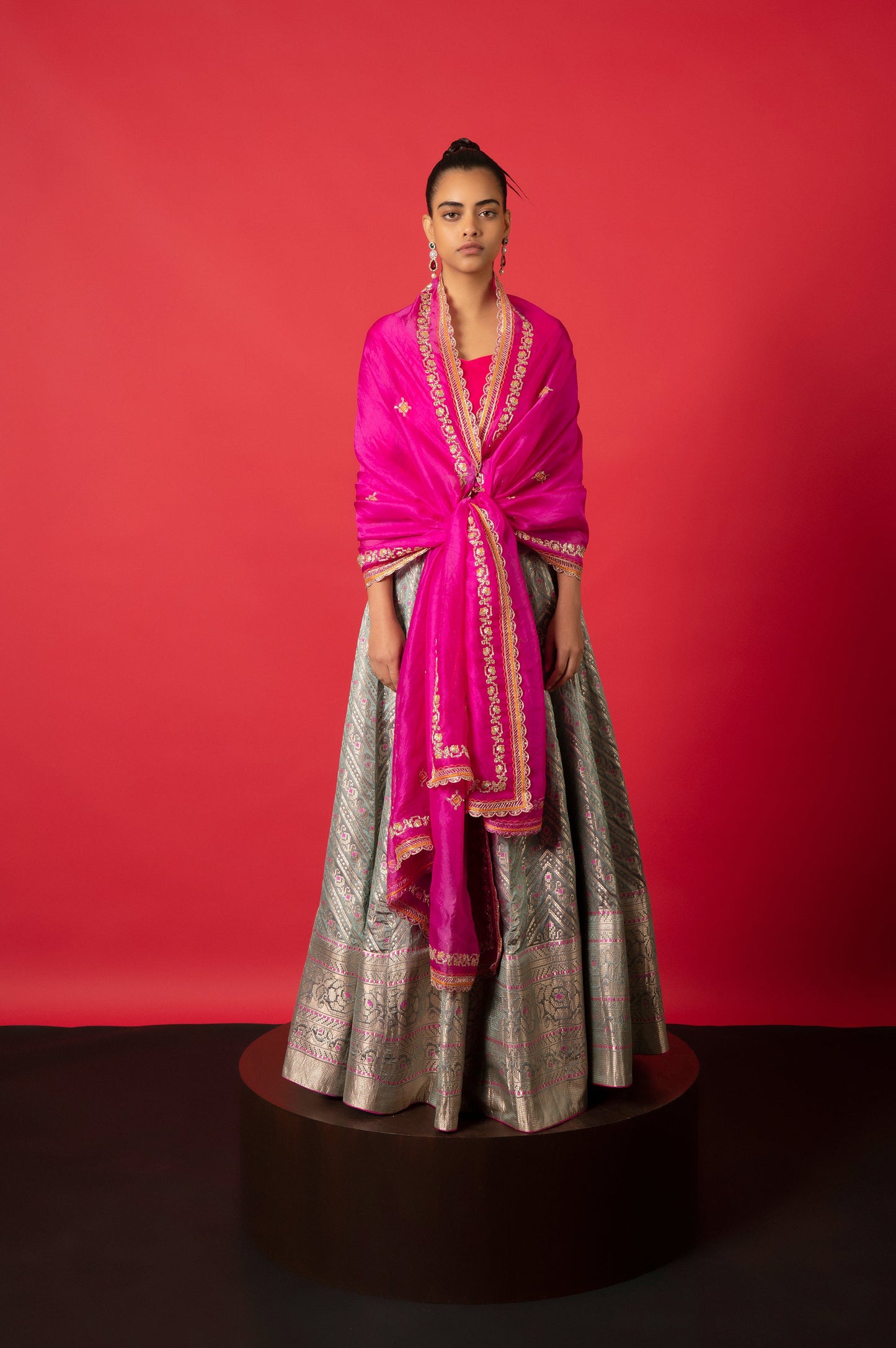 Handwoven Pink And Blue Satin Silk Lehenga