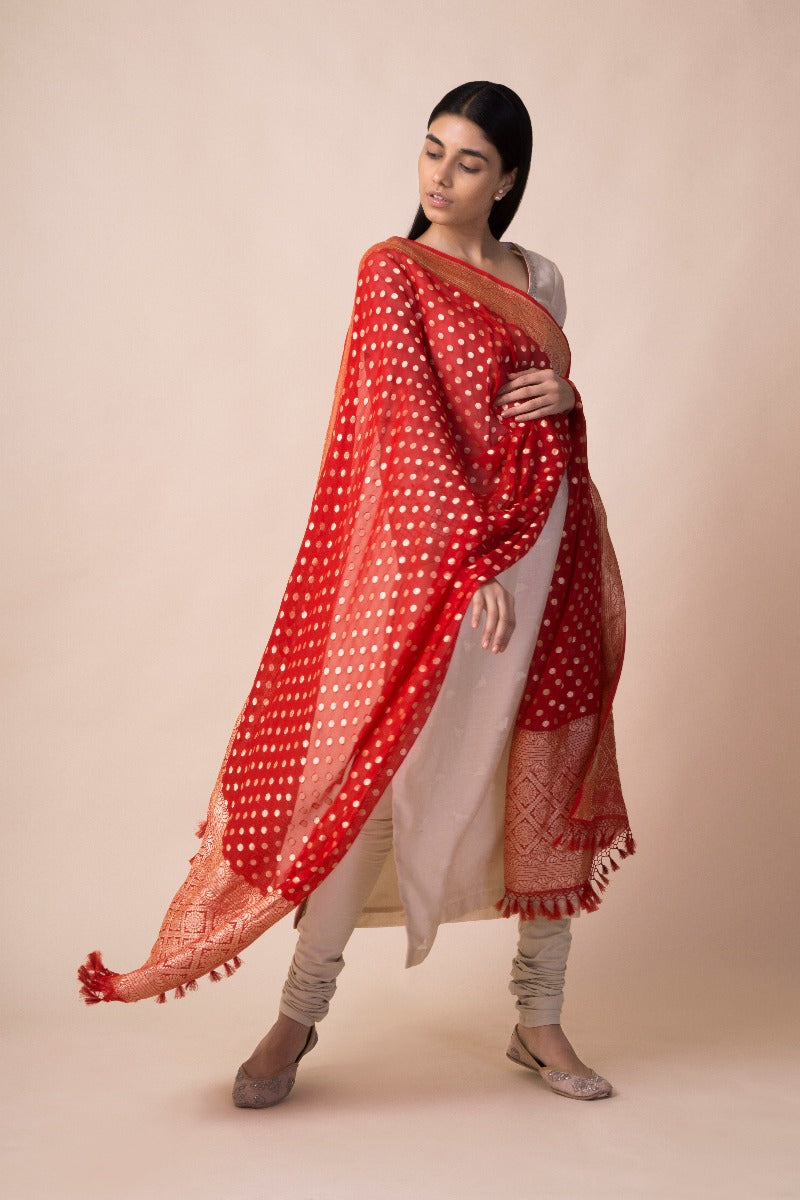 Handwoven Red Georgette Dupatta