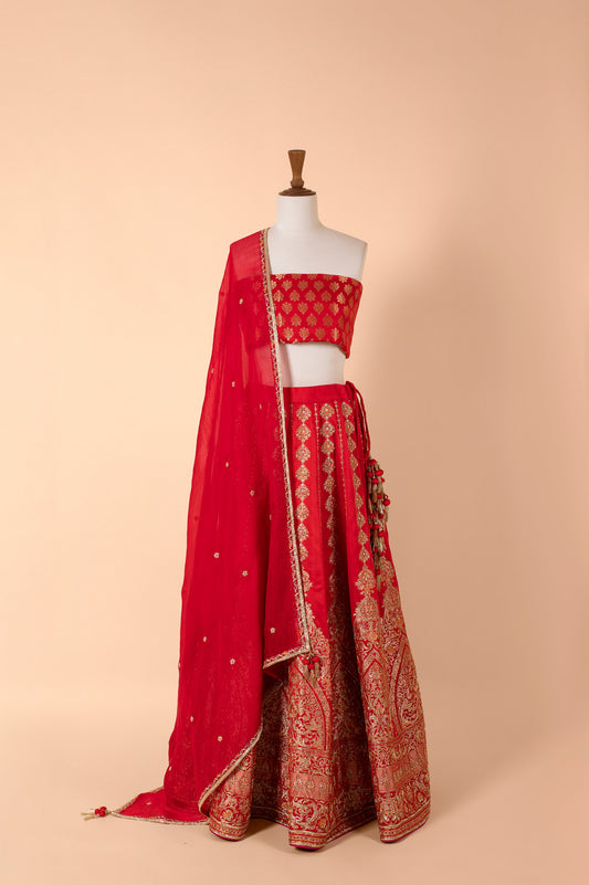 Handwoven Red Satin Silk Lehenga