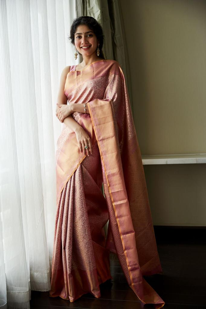 Sai Pallavi in Handwoven Pink Real Zari Kanjivaram Silk Saree