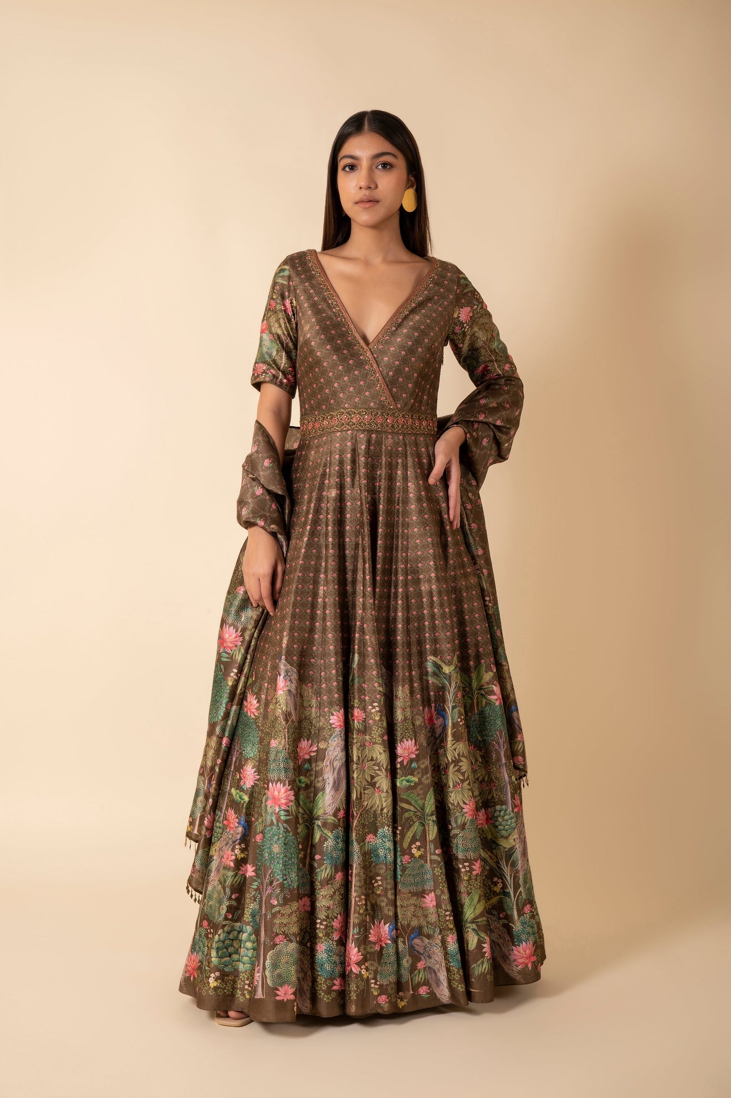 Handwoven Olive Green Digital Printed Silk Anarkali