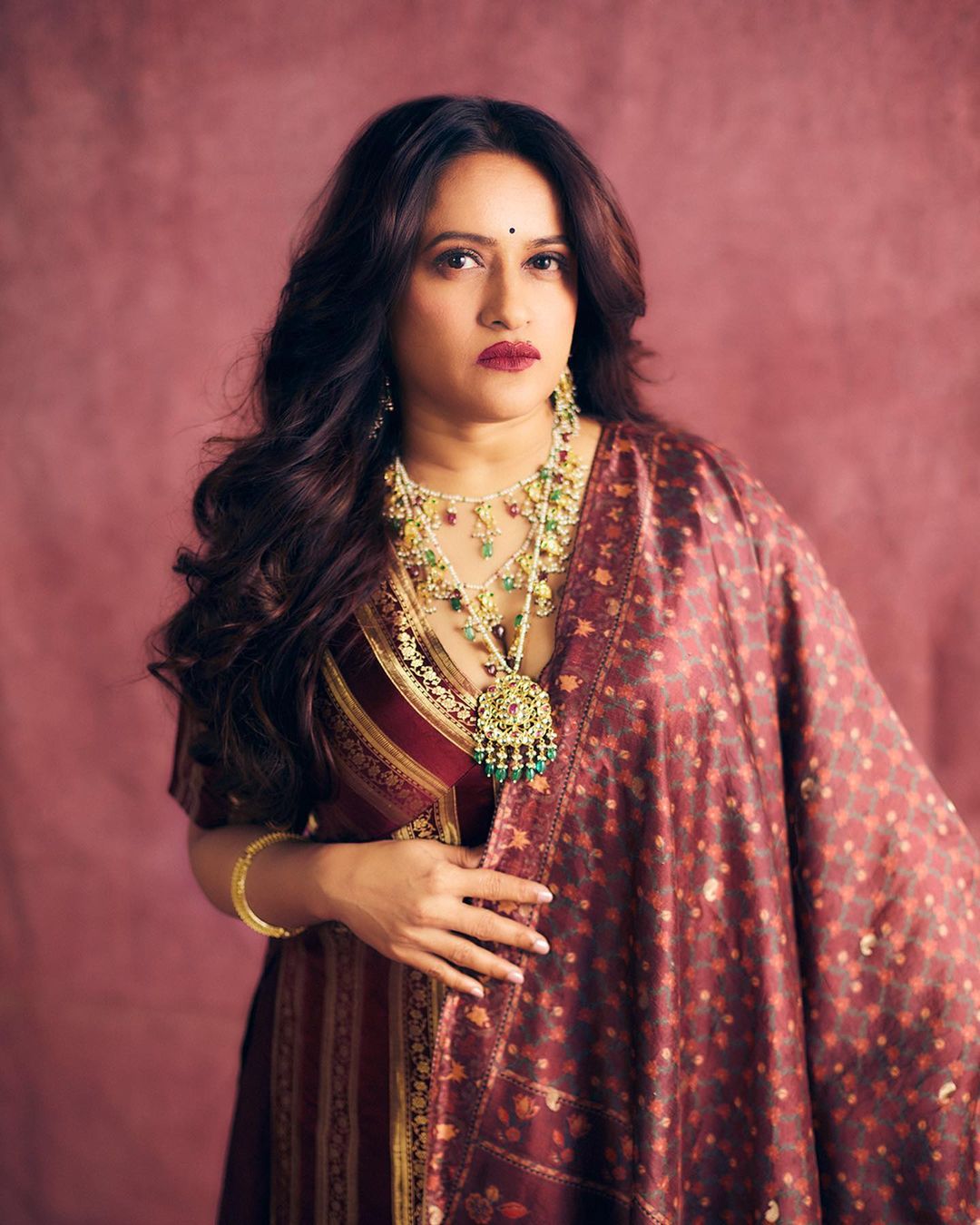 Rohini Iyer in Handwoven Maroon Silk Suit