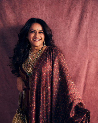 Rohini Iyer in Handwoven Maroon Silk Suit