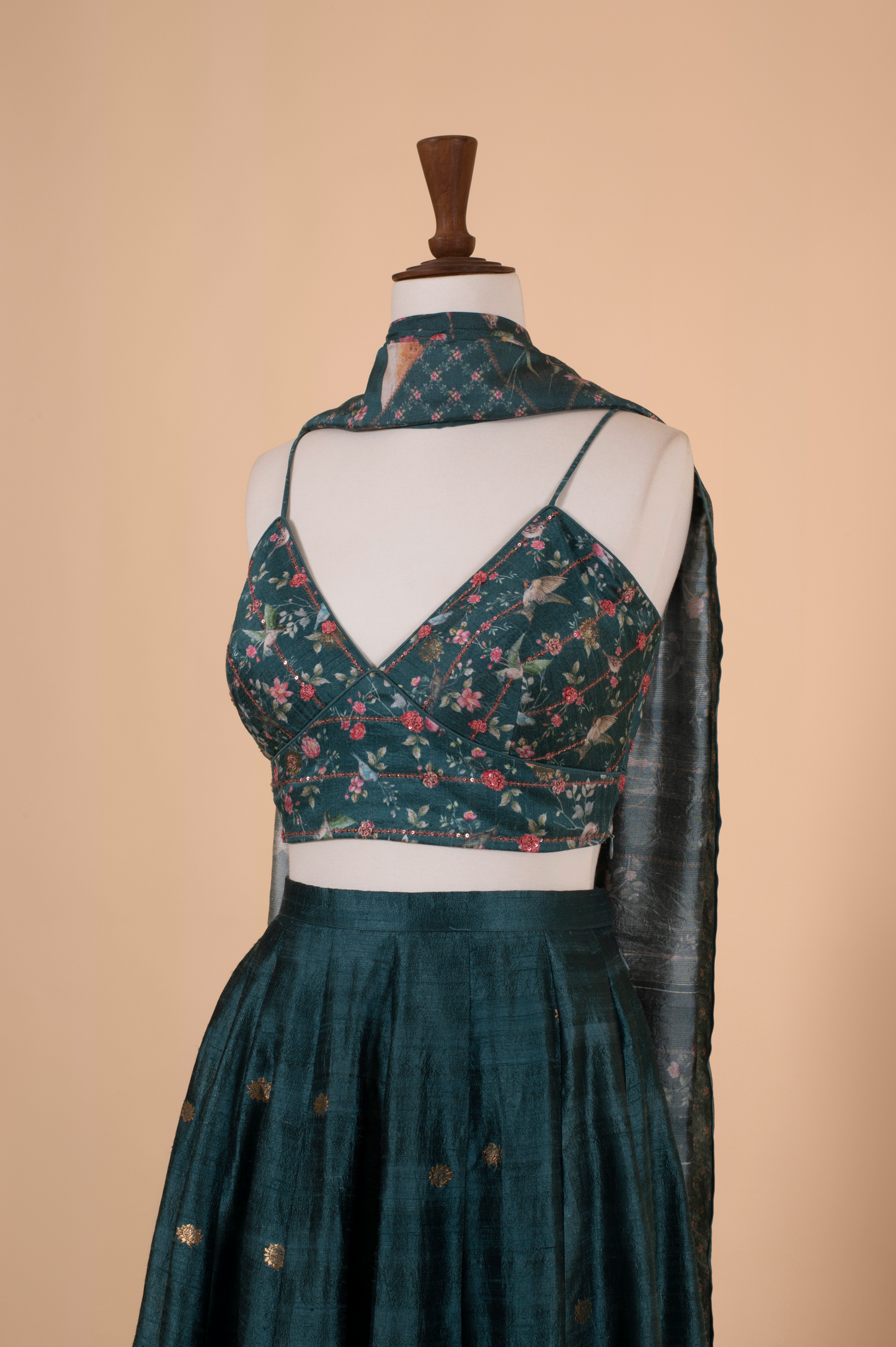 Handwoven Teal Digital Printed Silk Lehenga