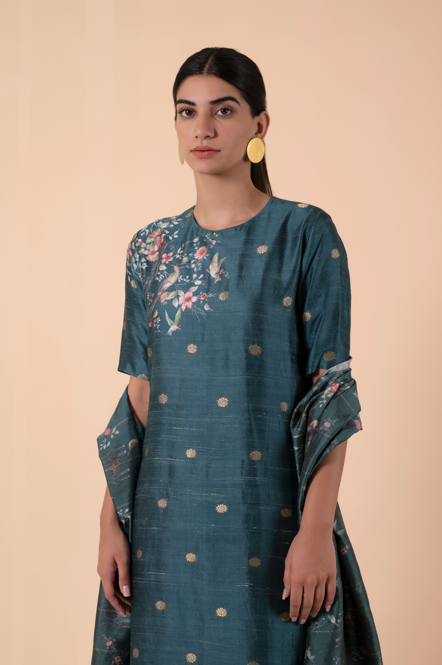 Handwoven Teal Digital Printed Silk Suit